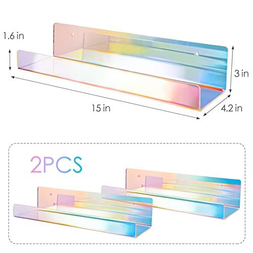 2PCS Iridescent Wall Mounted Clear Acrylic Floating Shelves, Tech Thick Invisible Wall Ledge Bookshelf Kids Book Display Shelves