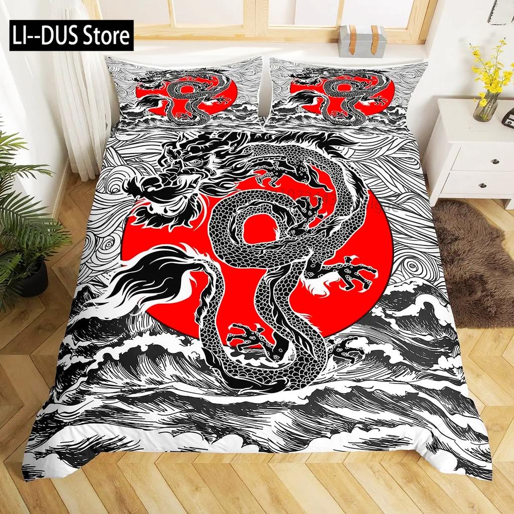 Comforter Dragon King Size Kids Mythical Animal Bedding Set Microfiber 2/3Pcs Set For Girls Women Black Gold Decor