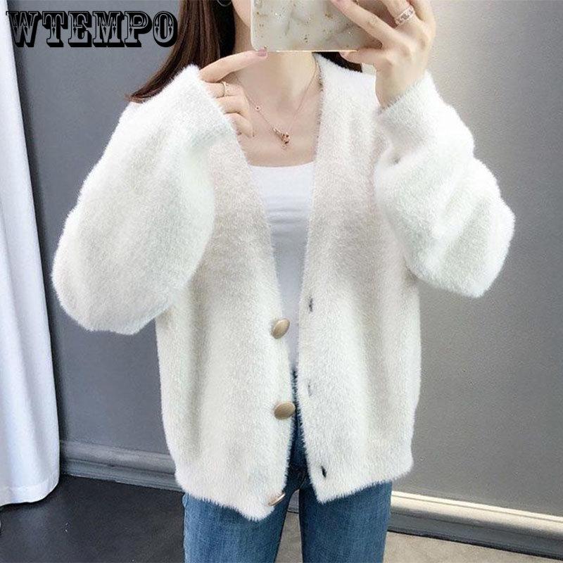 Faux Mink Fleece White Cardigan Sweaters for Women Fuzzy Loose Short  Knit Sweater Jacket Women's Outwear Cardigan Coat