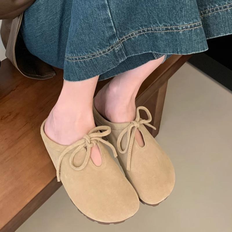 2024 New Autumn Fashion Women's Comfortable Flat-heeled Toe Suede Bow Lace-up Slippers Ladies Shoes