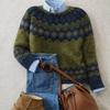 Women's European Retro Fair Isle Long Sleeve Color Block Knitted Sweater Top