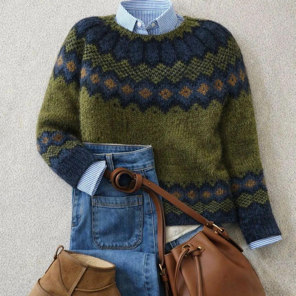 Women's European Retro Fair Isle Long Sleeve Color Block Knitted Sweater Top