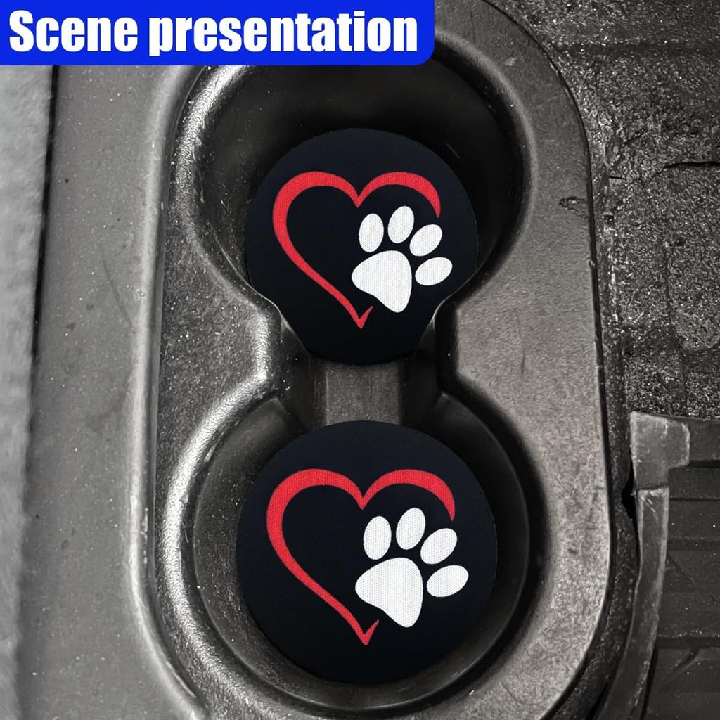 2PCS Dog Paw Heart Print Car Cup Holder Coasters, 2.73 Inch Anti-Slip Shockproof Automotive Drink Mat for Women and Men, Universal Vehicle Cup Holder