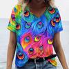 Summer Fashions Women‘S T-Shirts Colorful Peacock Feather Prined Short Sleeve Clothing V Neck Woman Loose Porosity