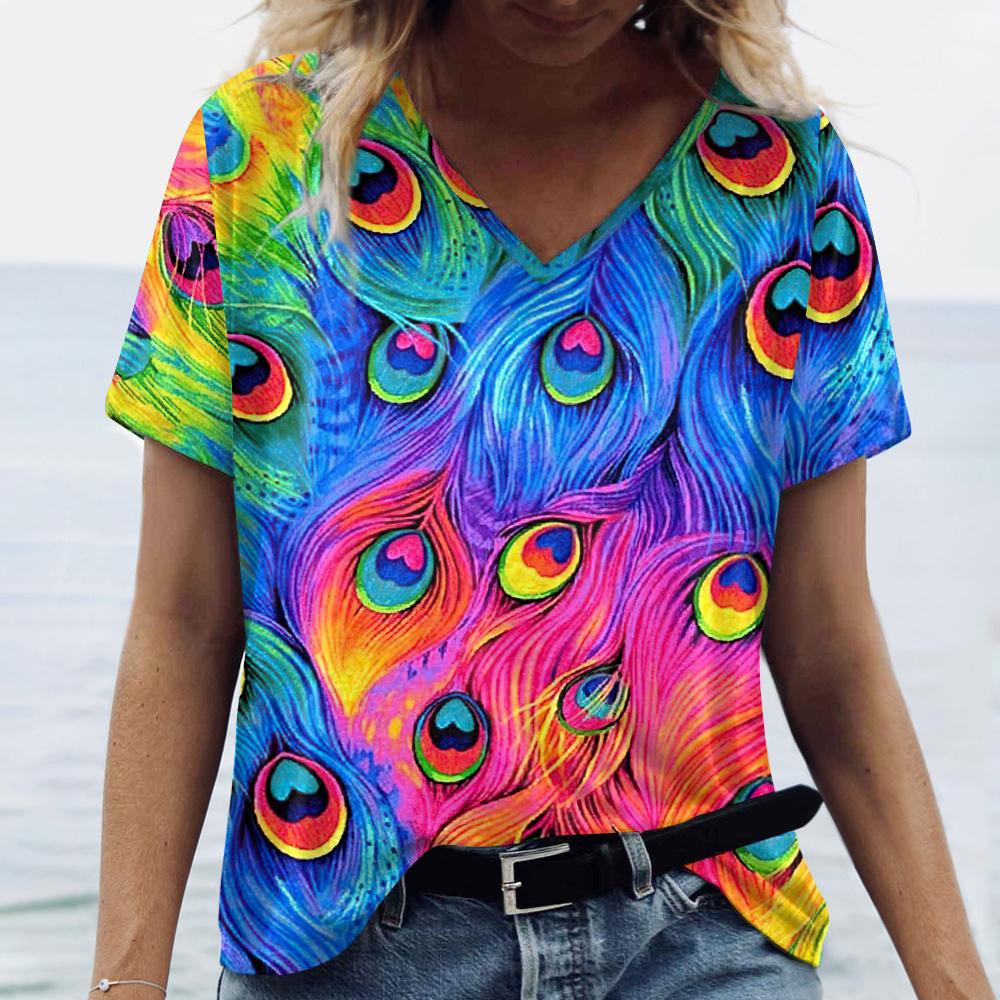 Summer Fashions Women‘S T-Shirts Colorful Peacock Feather Prined Short Sleeve Clothing V Neck Woman Loose Porosity