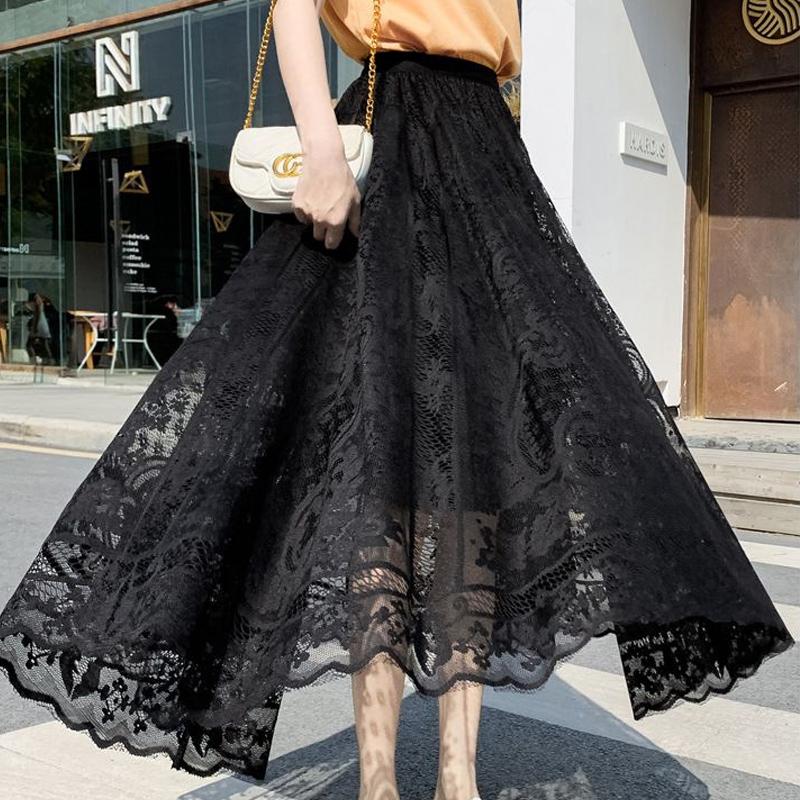 Женская кружевная газовая модная длинная юбка, весенне-летняя темпераментная, с высокой талией, тонкая, свободная, повседневная, шикарная, элегантная, женская юбка миди
