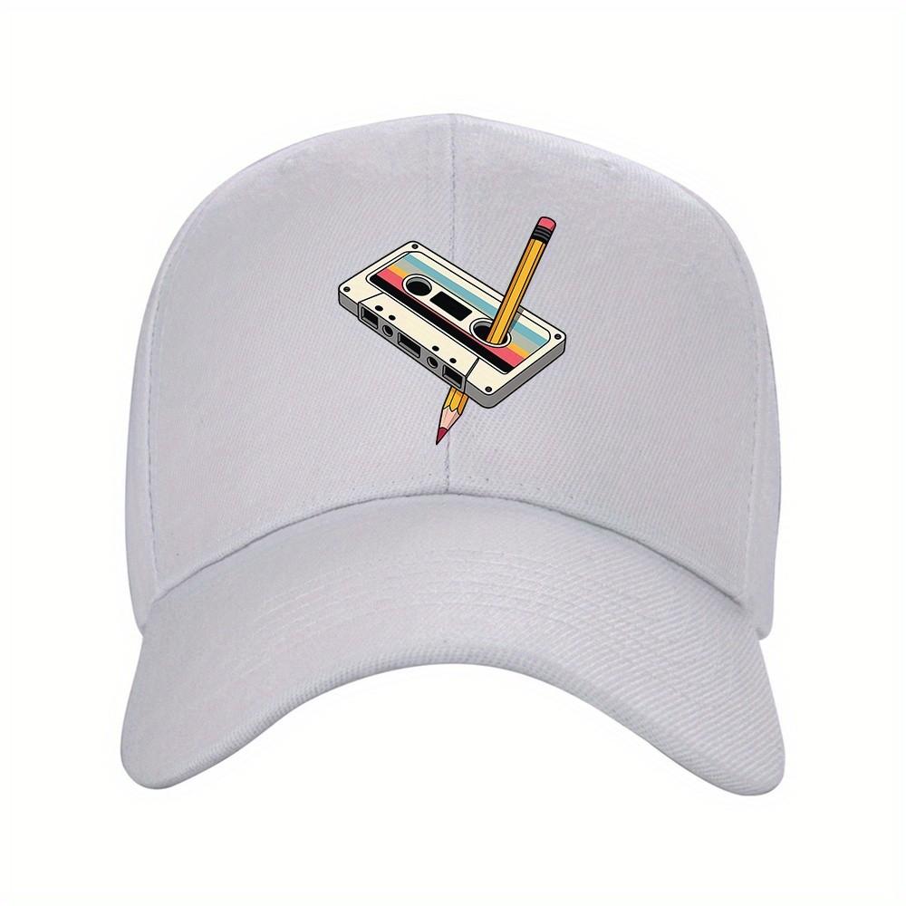 Retro Cassette Tape Pencil Print Baseball Cap Unisex Polyester Adjustable Outdoor Casual Hat