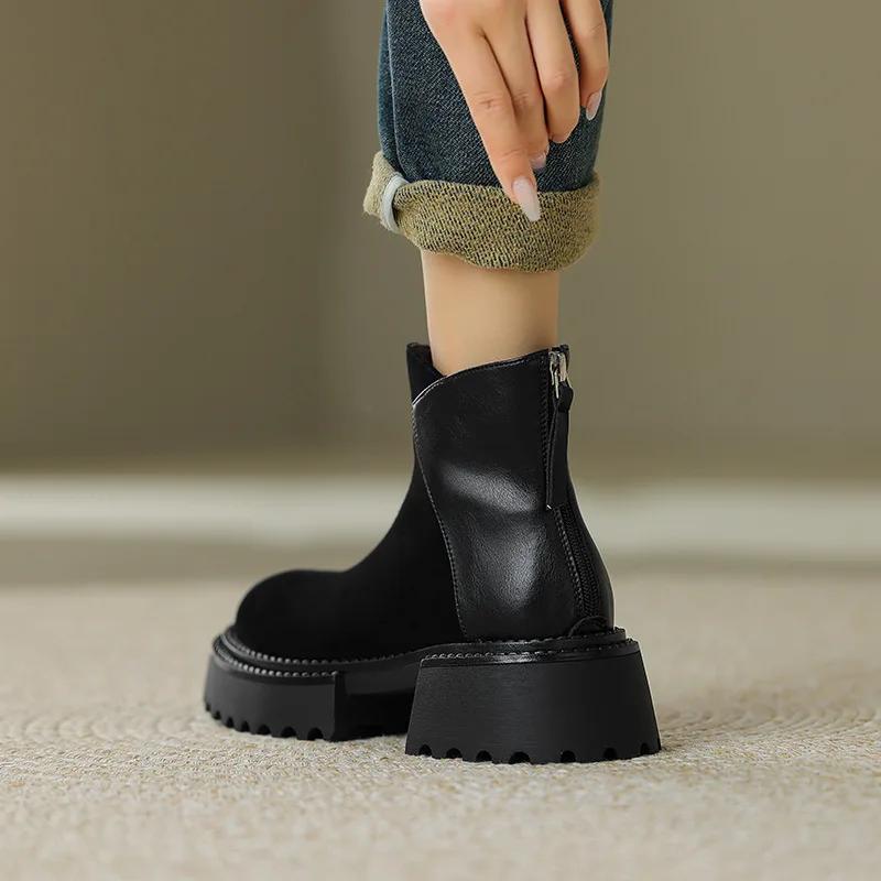 Fashion Luxury Faux Suede Ankle Boots Women 2025 Autumn Winter Chunky Heel Platform Boots Back Zipper Design Chelsea Boots for Women