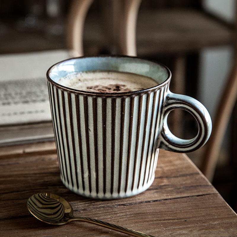 Винтажная рельефная полосатая керамическая чашка в стиле ретро, чашка для латте, чашка для кофе, глазурь для обжига в печи, 300 мл