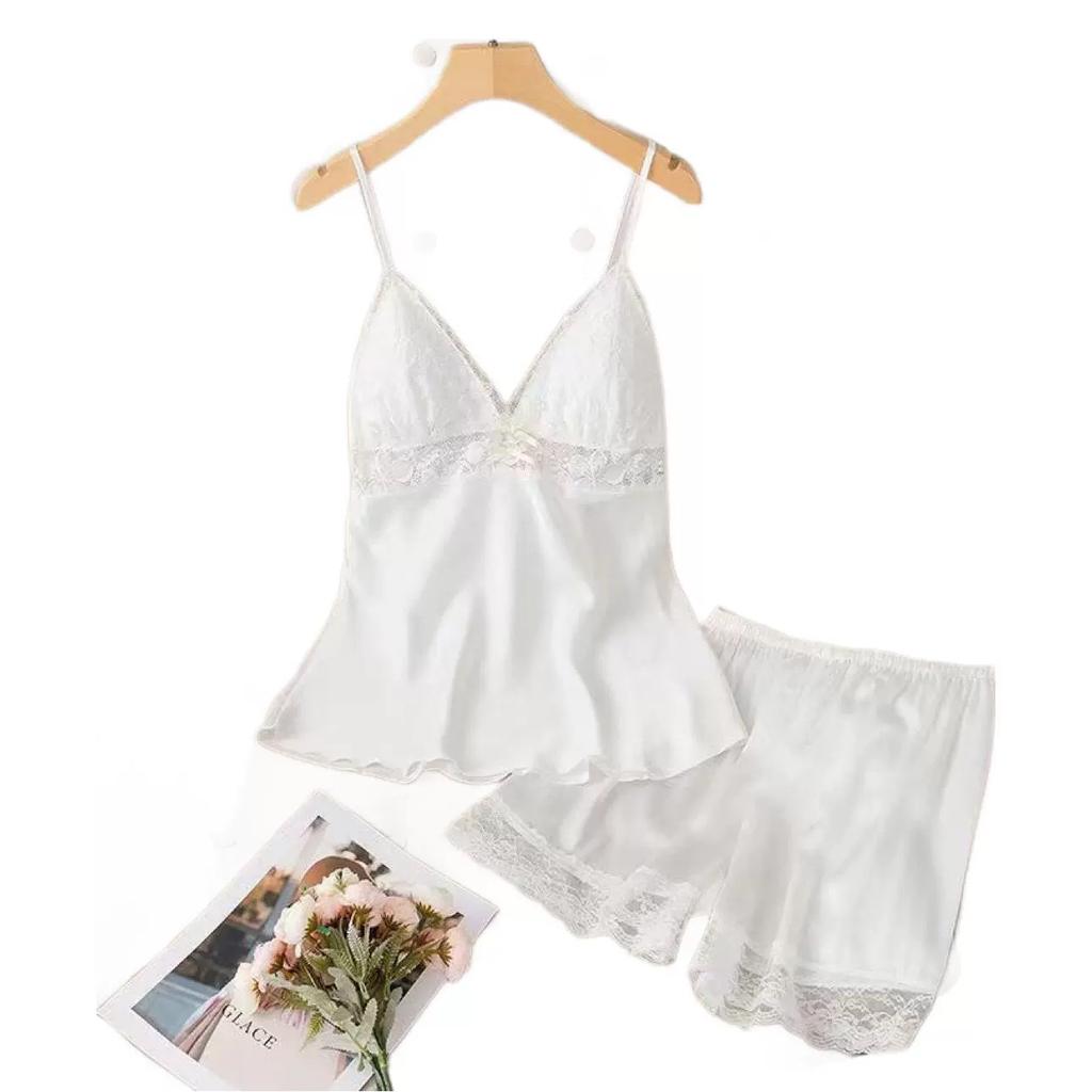 Pajamas women's 1011 new summer suspender shorts two-piece set ice silk thin sexy loungewear set with chest pad
