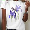 Purple Irises and Dragonfly Print Pure Short Sleeve T-Shirt Vintage Floral Patterned Short-Sleeve Round-Neck T-Shirt Women's Tee