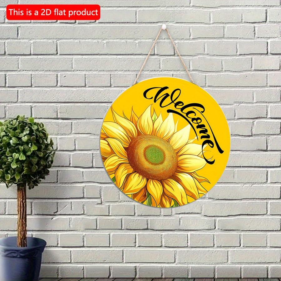 2D плоский 20*20см1шт Добро пожаловать Желтый Яркий узор подсолнуха Дверной Арт Декоративная табличка, Яркий Цветочный Домашний Деревянный Круглый Орнамент для окна и сада