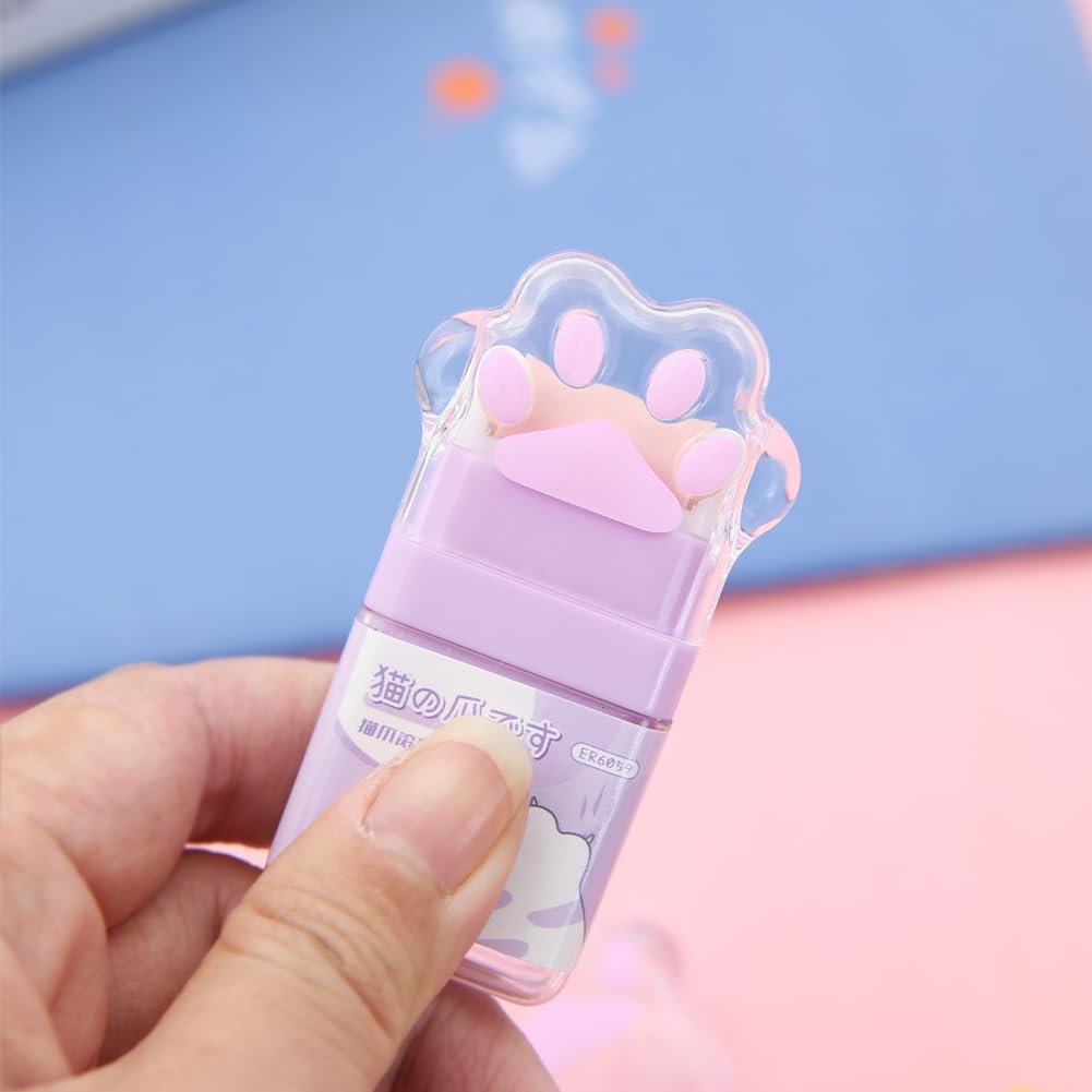4Pcs Cat Paw Roller Eraser, Colorful Cute Cat Rubber, Kids Eraser with Shaving Roller Case for School Office Supply Stationery, 70 x 31 x 15mm