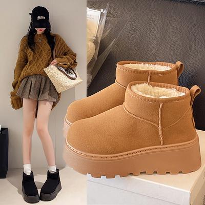 Женские зимние ботинки на толстой подошве 2025 осень-зима меховые интегрированные короткие голенища на высокой подошве теплые водонепроницаемые хлопковые ботинки