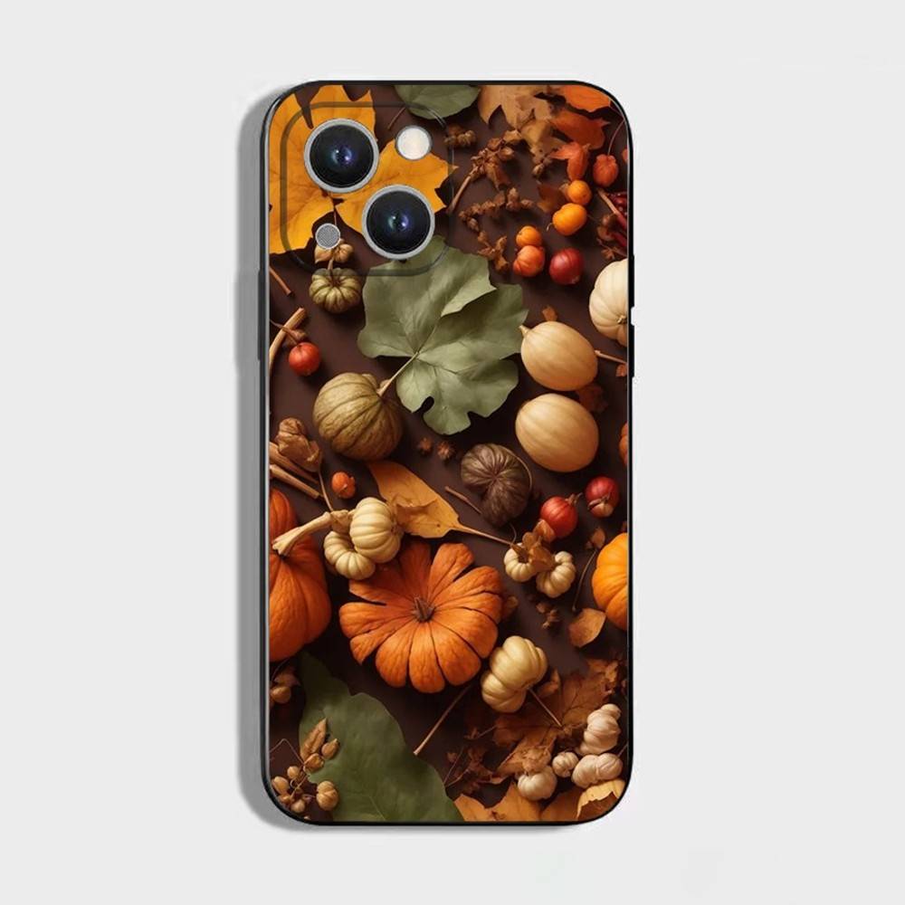 Осенние листья тыква Чехол для телефона Для iPhone 16,15,14,13,12,11 Plus,Pro Max,XS,X,XR,SE,Mini,8,7,Мягкий силикон Черный чехол