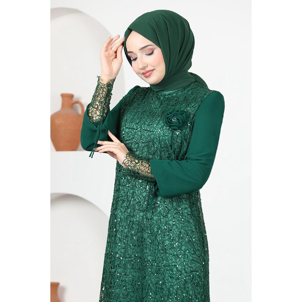 Женская одежда Вечернее платье Модное сетчатое вечернее платье в стиле хиджаб с блестками и розами 2517 Темно-синий