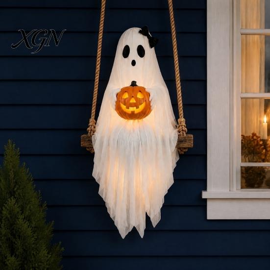 Halloween Party Supplies Lighted Ghost Swing with Glowing Pumpkin, Hanging Spooky Decor Realistic Scary Home Accents for Porch Yard, LED Floating