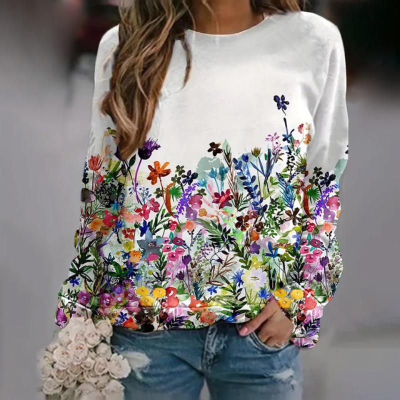 Элегантный женский топ с круглым вырезом и длинным рукавом, новая осенняя толстовка с длинным рукавом с 3D-цветочным принтом, свитшот, женская одежда больших размеров