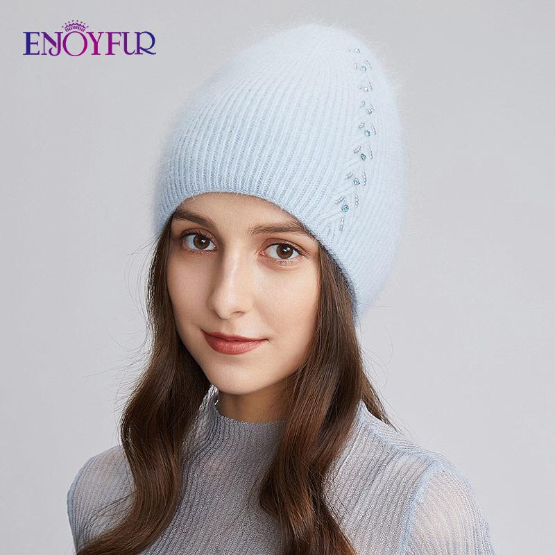 Мягкая шапка ENJOYFUR, теплые зимние женские шапки, мягкая ангорская шерсть, вязаная шапка-бини, толстая двойная подкладка, повседневные шапки в русском стиле с черепом
