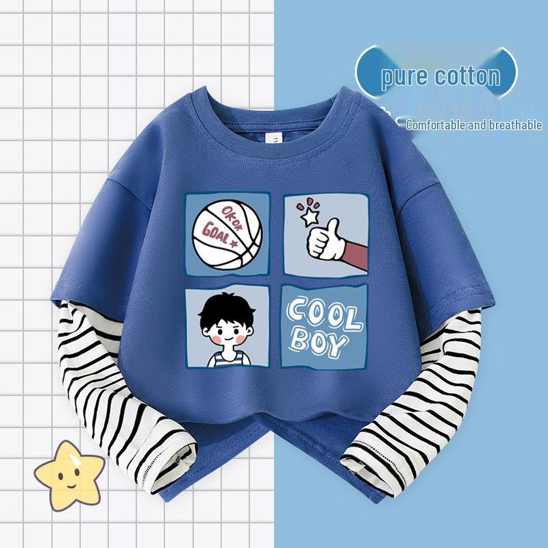 Мальчиковая мультяшная лоскутная хлопковая футболка с длинным рукавом в полоску
