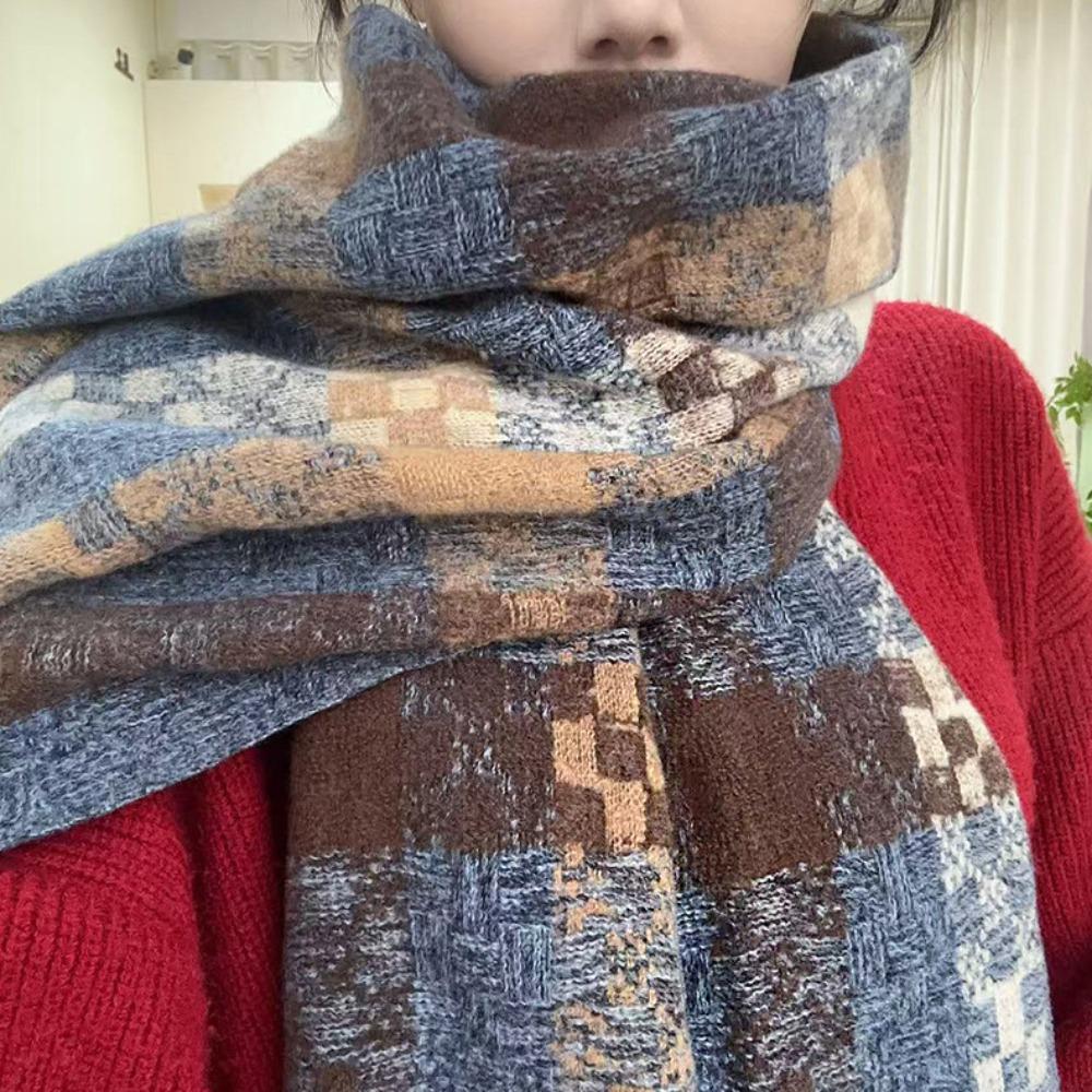 Mohair Winter Cashmere Scarves Tassel Long Shawl Retro Plaid Wool Scarf Girl