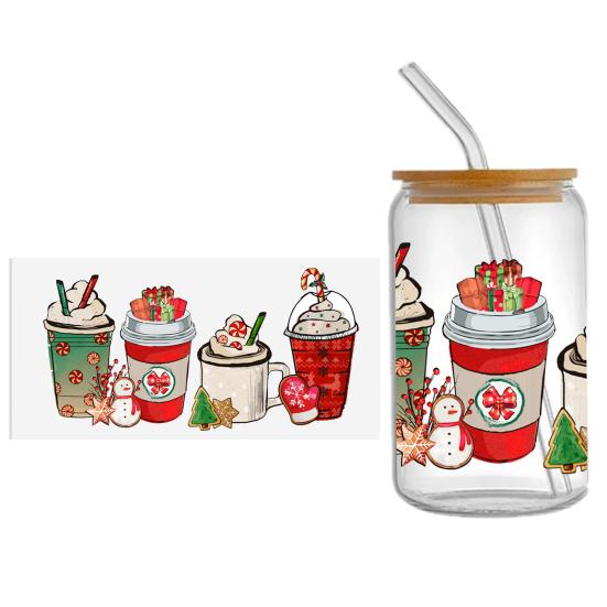 Наклейка на чашку Рождественская елка Санта-Клаус Водонепроницаемая самоклеящаяся Отличная липкость Противоскользящая прозрачная печать Кофейная чашка УФ DTF наклейка