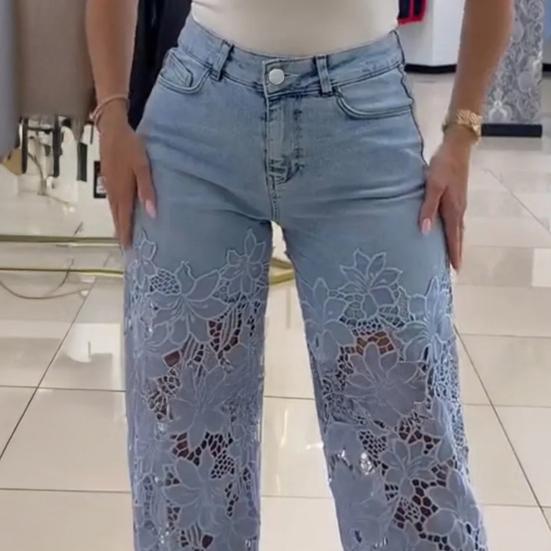 Women's Lace Patchwork Jeans Casual Baggy Straight Wide Leg Denim Pants Mid Waist Floral Hollow Out Jeans