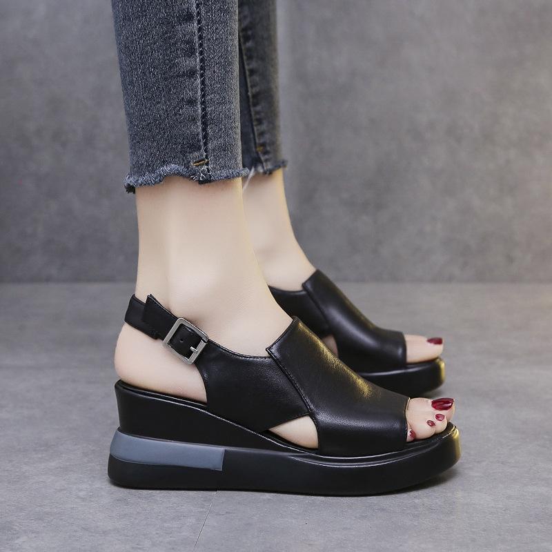 Summer Wedge Shoes for Women Sandals Solid Color Open Toe High Heels Casual Ladies Buckle Strap Fashion Female Sandalias