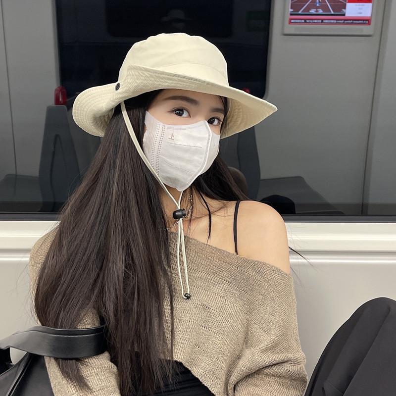 Japanese-style quick-dry drawstring fisherman hat for women, breathable and sun-protective, large brim sun hat for outdoor fishing and hiking, men's
