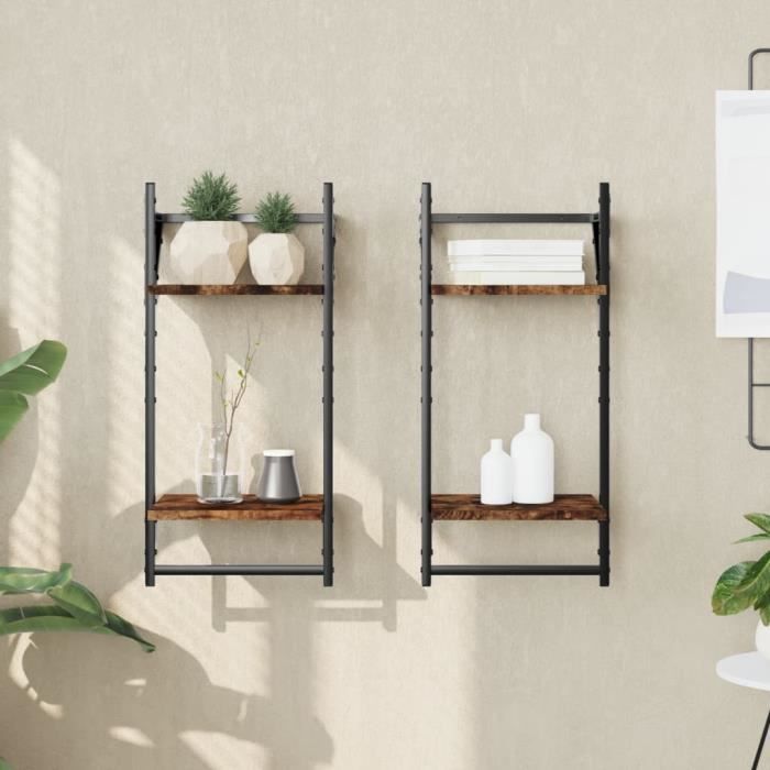 VidaXL Wall Shelves 2-Tier with Bars 2 Pcs Smoked Oak 836255