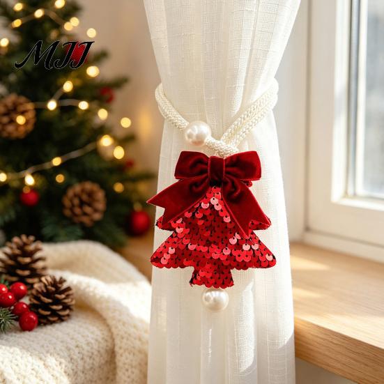 Versatile Decorative Binding Rope Sequined Tree Curtain Tieback, Sparkling Christmas Holder with Gift Wrapping Bows Bow, Drapery Holdback for Holiday