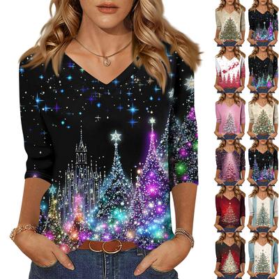Женская модная повседневная свободная футболка с v-образным вырезом и рукавами 3/4 с принтом, женский топ