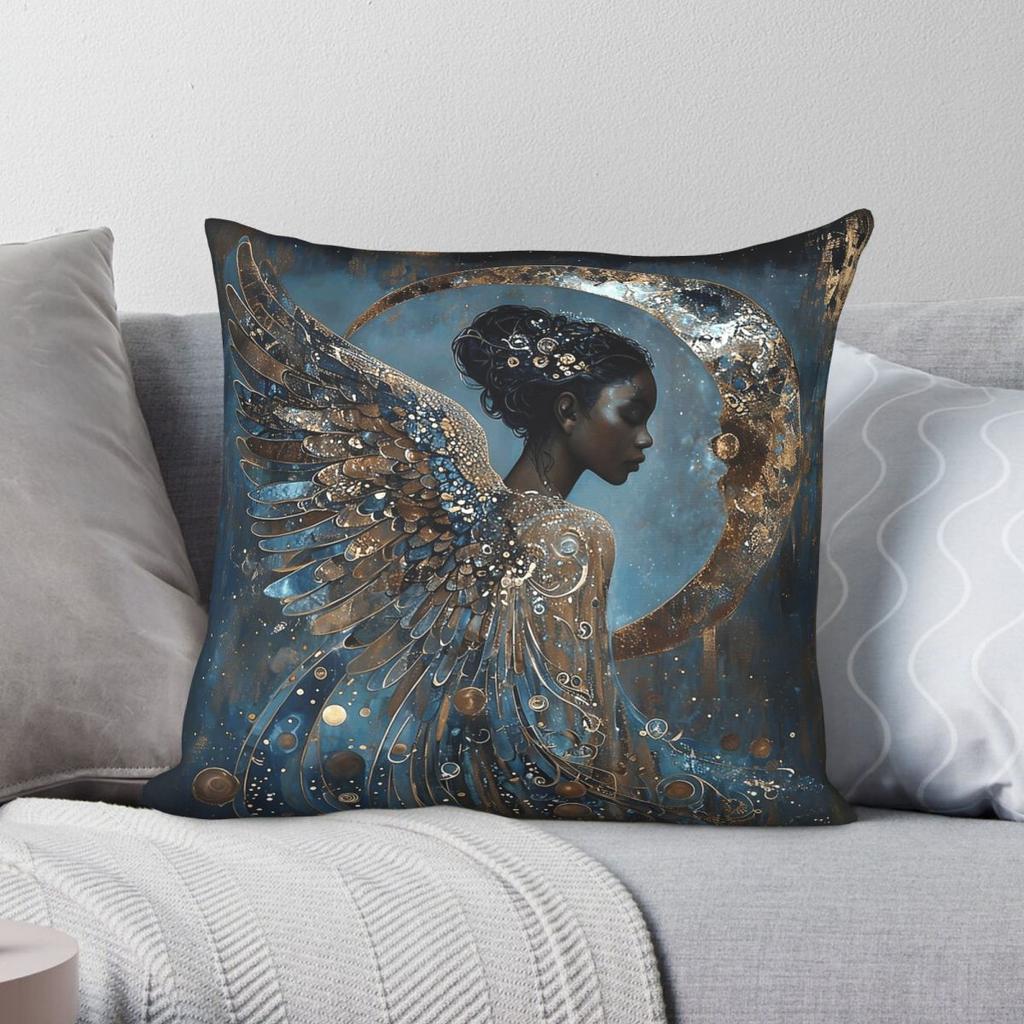 Angel Beautiful Black Women Square Pillowcase Polyester Linen Velvet Printed Zip Decorative Pillow Case Home Cushion Cover