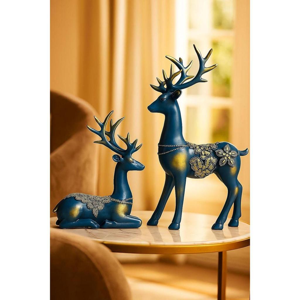 Creative Resin Golden Reindeer Sculptures | Beautiful Home Decor | Lifts Up Energy of Your Room - (Pack of 2, Blue)