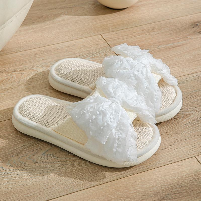 Элегантные мохнатые тапочки, льняные тапочки с бантом, домашние сандалии, тапочки, летние домашние тапочки для девочек, хлопковые тапочки, женская домашняя обувь, тапочки розового цвета
