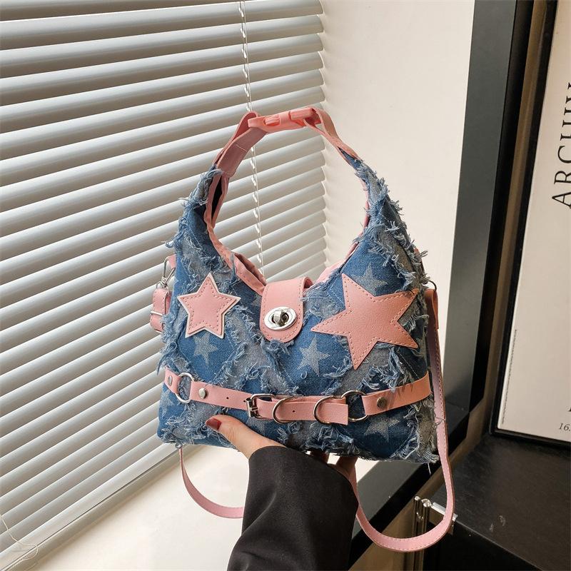 Pink Star Purse and Handbags Aesthetic Plaid Denim Shoulder Bag Punk Leisure Outdoor Crossbody Bag For Women CLE