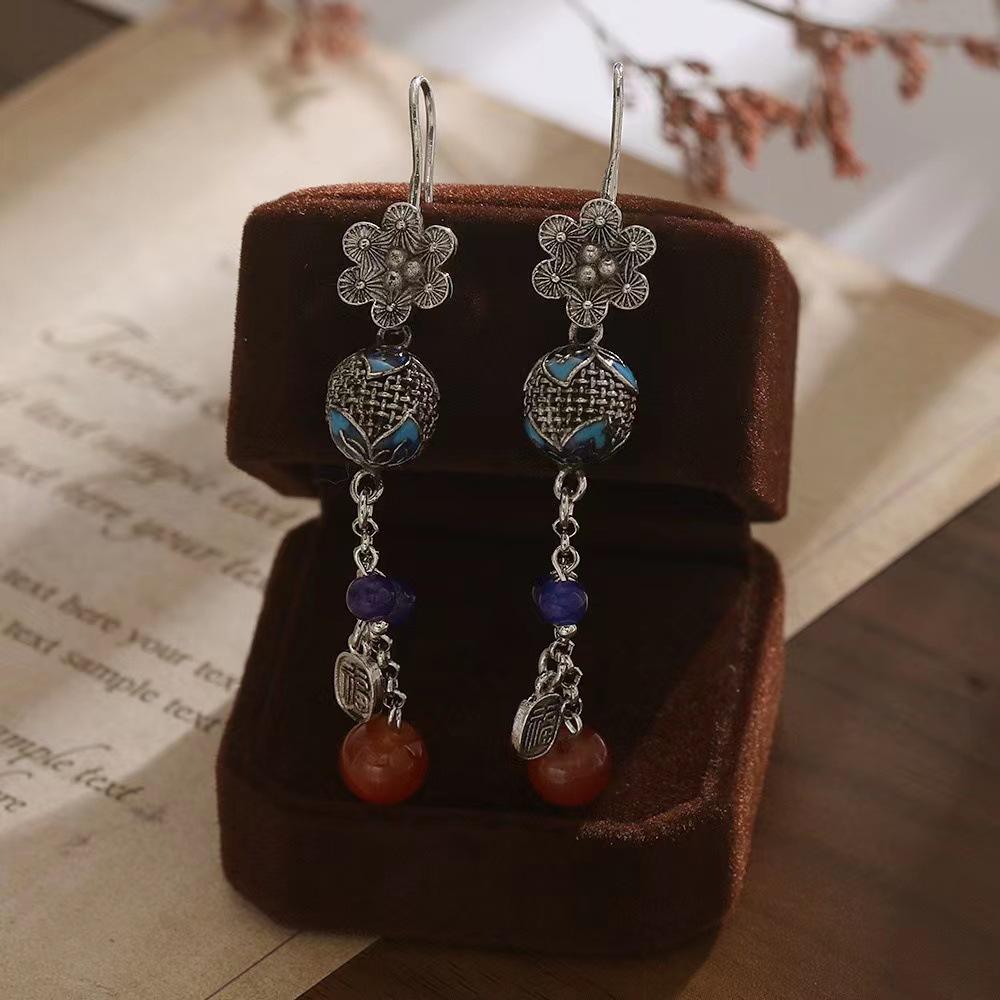 JMXD-потрясающе! Новые серьги в китайском стиле с маленькими цветочками и выемкой, выжженные синие серьги с бахромой, интерпретирующие ретро-этнический стиль