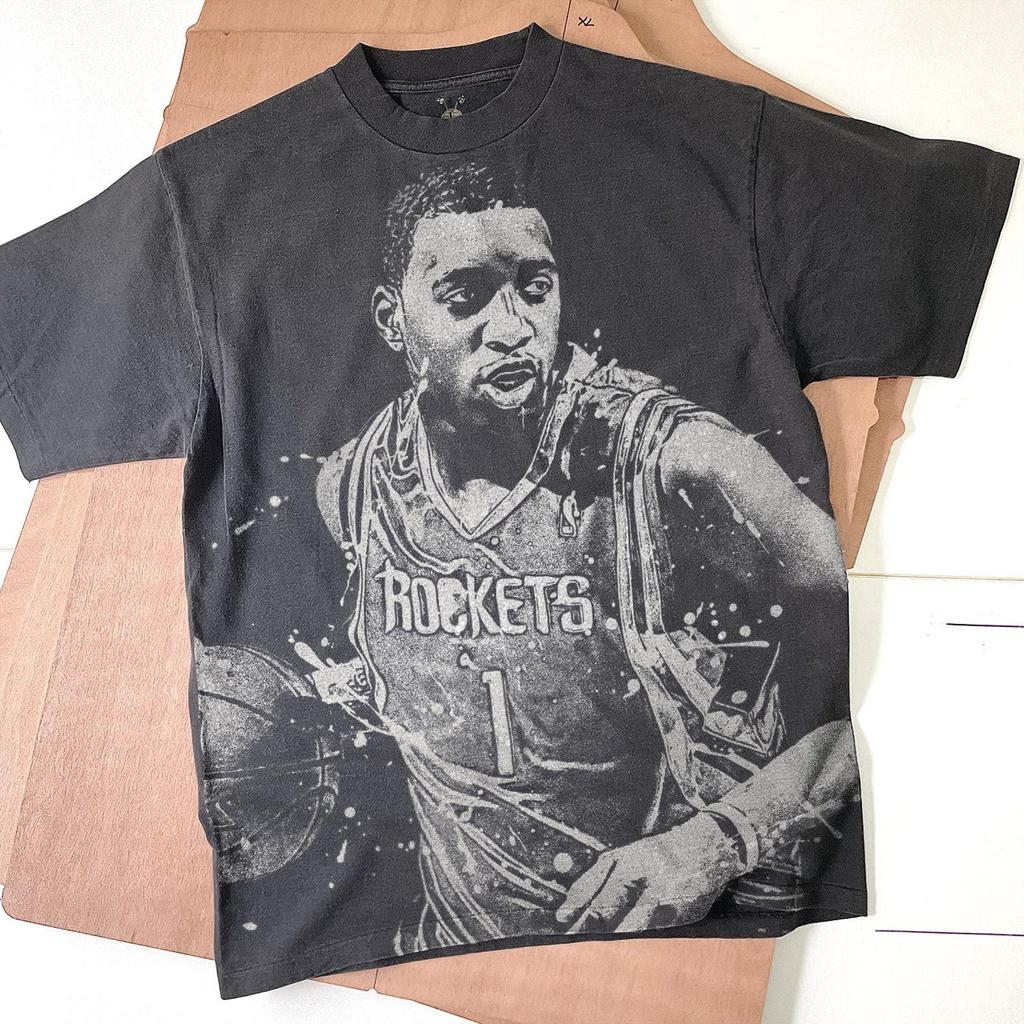 Tracy McGrady Bleached T-Shirt: Handmade Faded Black Cotton Unisex Tee