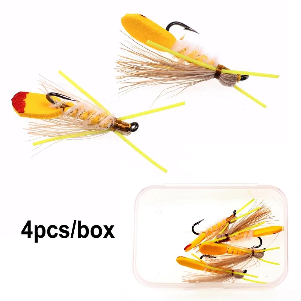 Bimoo 4PCS #10 Yellow Hopper Madam & #4 Black Hopper Fly Fishing Dry Flies Floating Foam Fishing Lures for Trout Bass Pearch