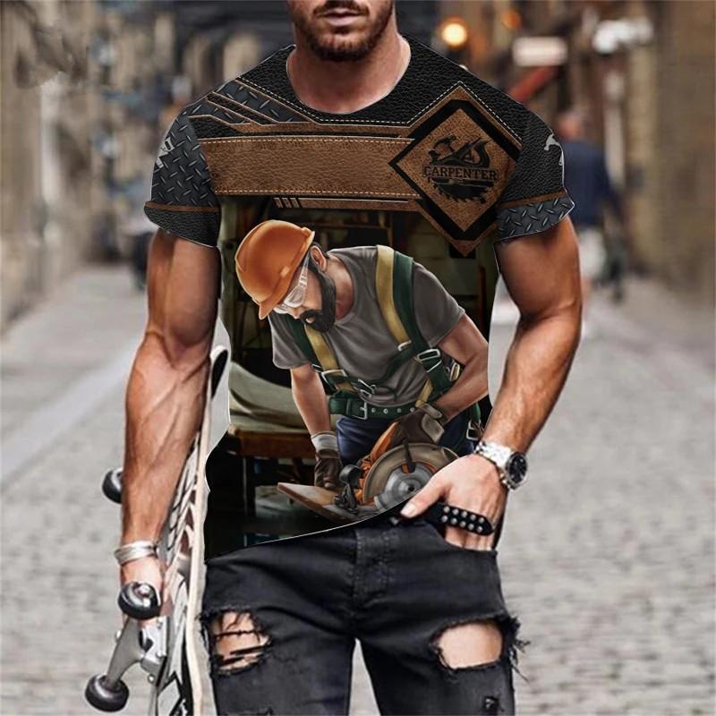 Футболки в стиле плотницкого узора для мужчин, рабочая одежда, летние повседневные топы с коротким рукавом и 3D-принтом, размер 6XL, свободная мужская футболка с круглым вырезом