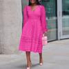 VONDA Women Plus Size V-Neck Bubble Long Sleeve Lace Dresses