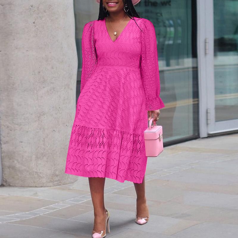 VONDA Women Plus Size V-Neck Bubble Long Sleeve Lace Dresses