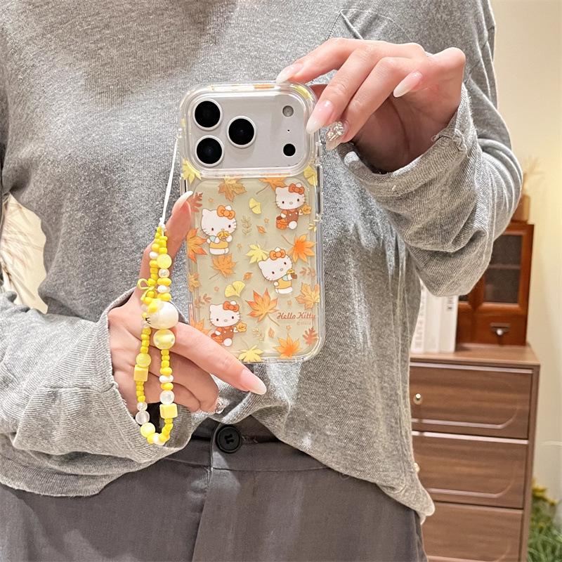 Чехол Hello Kitty с кленовым листом для iPhone 17/16 Pro Max/15/14 - Осенне-зимний, полупрозрачный желтый