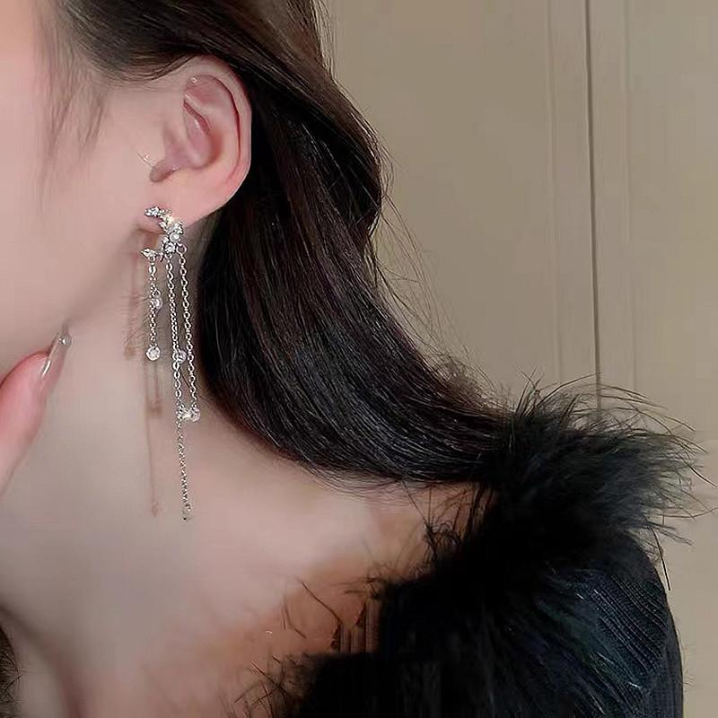Серебряные серьги-гвоздики с жемчугом, цирконом и лунной кисточкой - Креативный дизайн, Холодный стиль, Европейская и американская мода