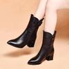 2023 Autumn/Winter Women's Mid-Heel Pointed Toe Real Leather Boots with Thick Heels and Plus Velvet