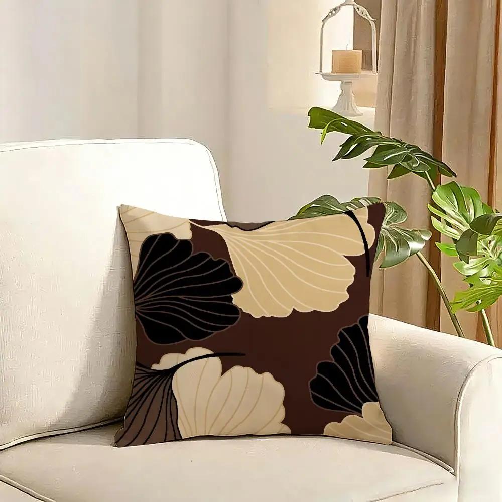 Ginkgo Leaves Printed Cushion Cover Reversible Plush Pillow Cover Soft Fluffy Home Decor for Sofa Bedroom