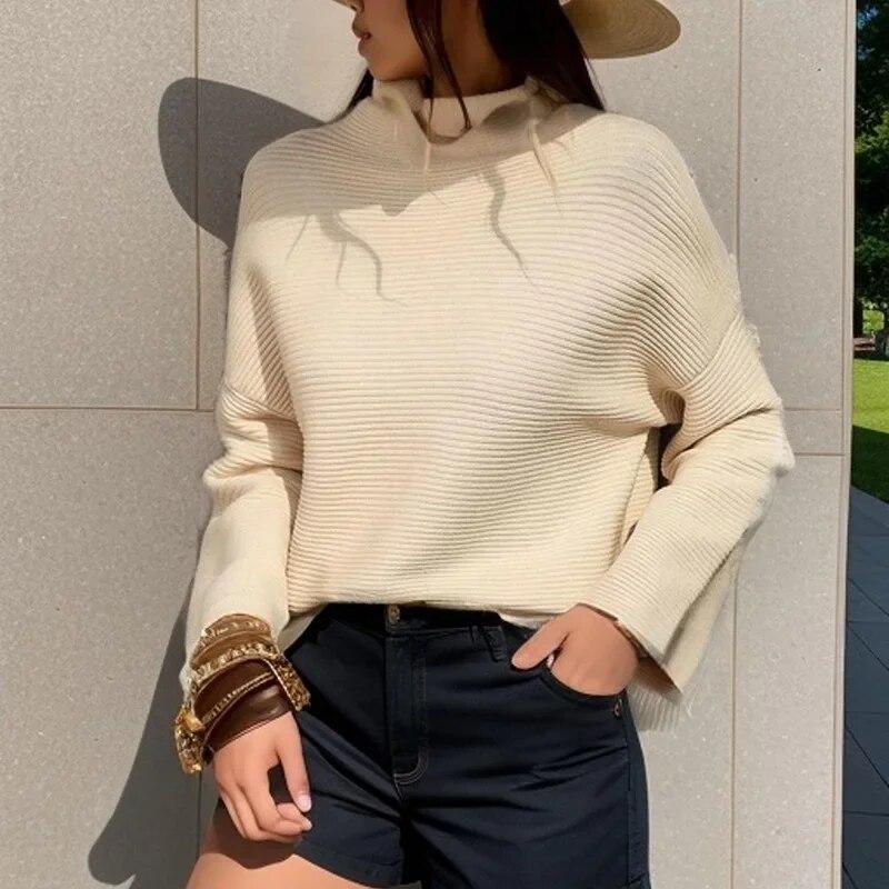 Autumn Pullover Loose Sweater Womens Knitted Pullover Fashion Base Sweater Solid Color Tops Womens Sweatrs Elegant 30406
