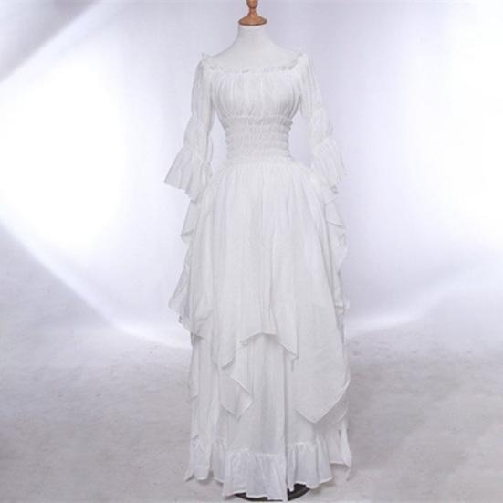 Women Ball Gown Off Shoulder Gothic Long Horn Sleeves Irregular Layered Pleated Elastic Tight Waist Solid Color Retro Renaissance Princess Dress
