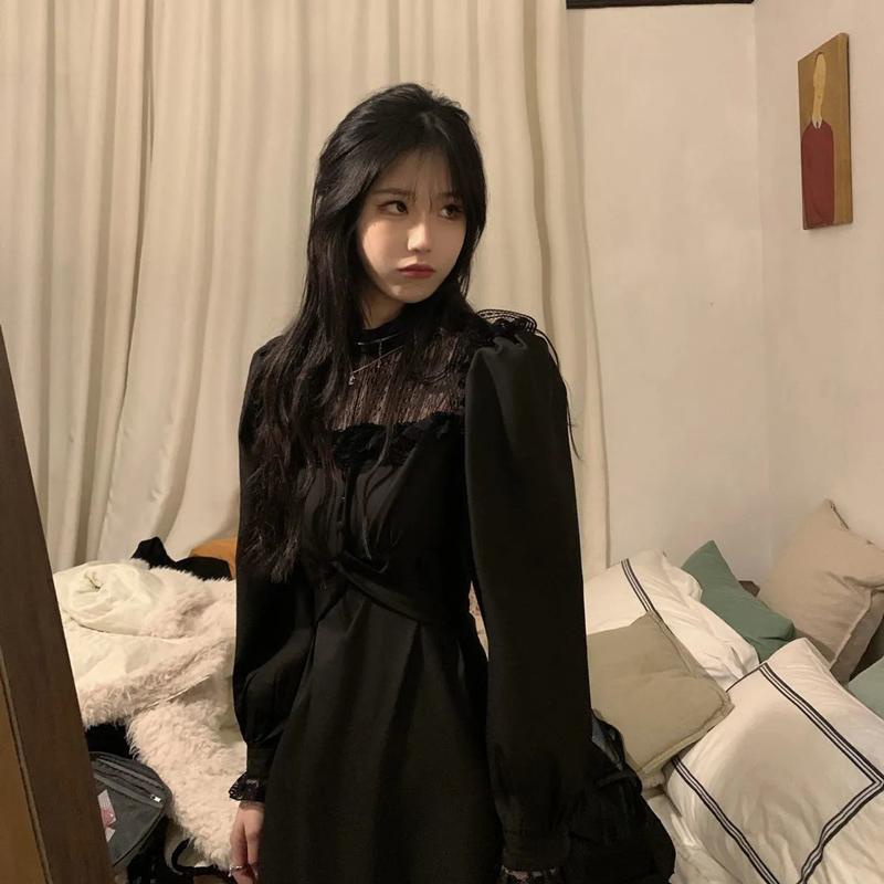 M ~ 4XL, готическое черное платье Y2k, женское платье большого размера, осеннее повседневное кружевное цельное платье с длинными рукавами, корейское вечернее элегантное женское платье миди