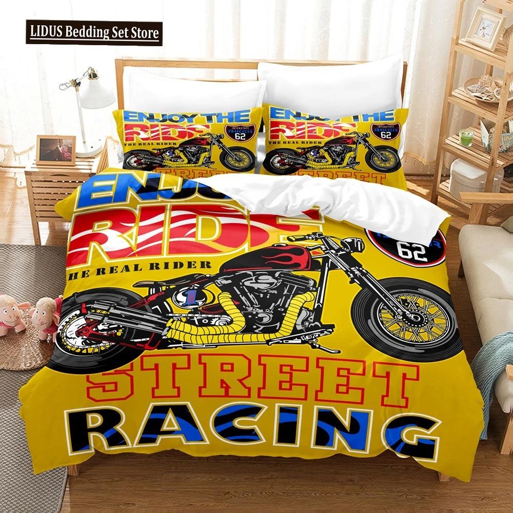 Motorcycle Duvet Cover Set Dirt Bike Extreme Sports Theme For Boy Girl Motocross Racer Polyester Bedding Set King Queen Size